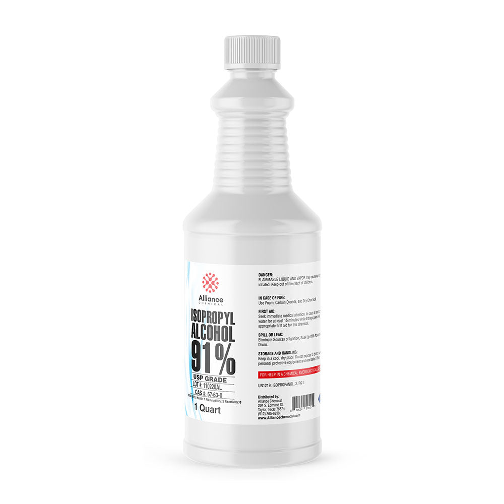 1-quart bottle of USP-grade 91% Isopropyl Alcohol from Alliance Chemical, white HDPE container with flammable liquid warning label.